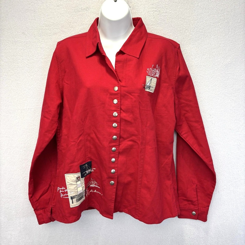 Vintage Y2K Christopher & Banks Linen Jacket Large Nautical Sailing Lighthouse